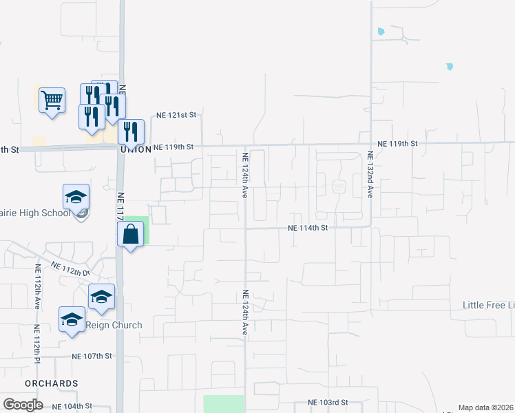 map of restaurants, bars, coffee shops, grocery stores, and more near 11517 Northeast 125th Avenue in Vancouver