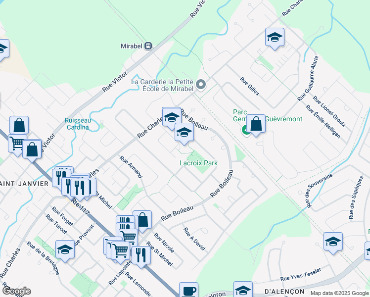 map of restaurants, bars, coffee shops, grocery stores, and more near 13705 Rue Lacroix in Mirabel
