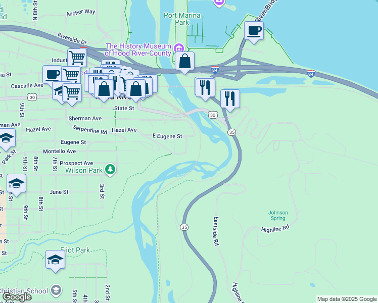 map of restaurants, bars, coffee shops, grocery stores, and more near 523 East 4th Street in Hood River