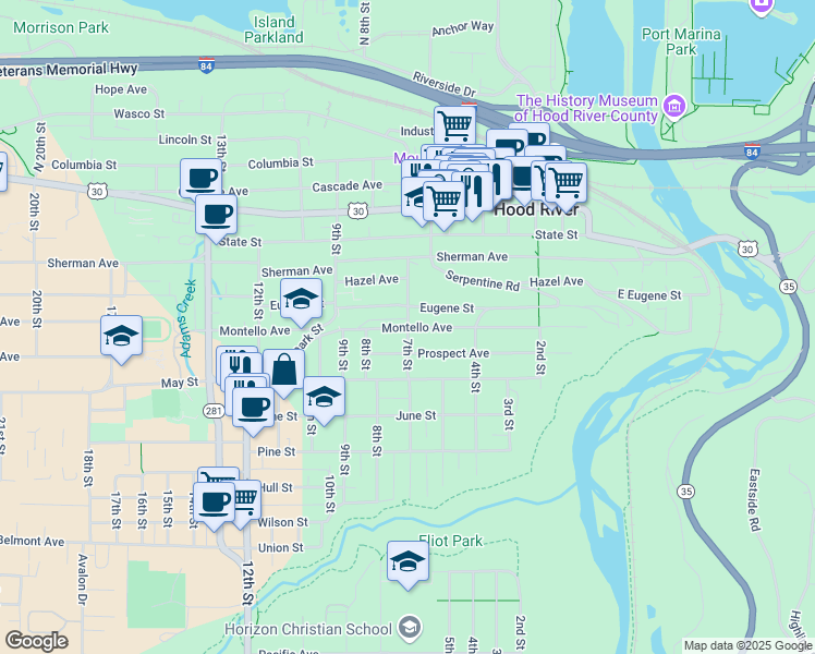 map of restaurants, bars, coffee shops, grocery stores, and more near 7th Street in Hood River