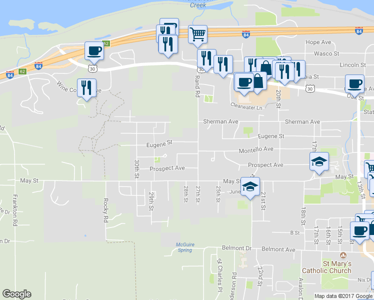 map of restaurants, bars, coffee shops, grocery stores, and more near 2752 Montello Avenue in Hood River