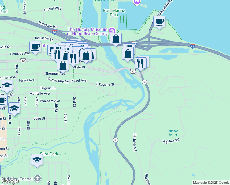 map of restaurants, bars, coffee shops, grocery stores, and more near 523 East 4th Street in Hood River