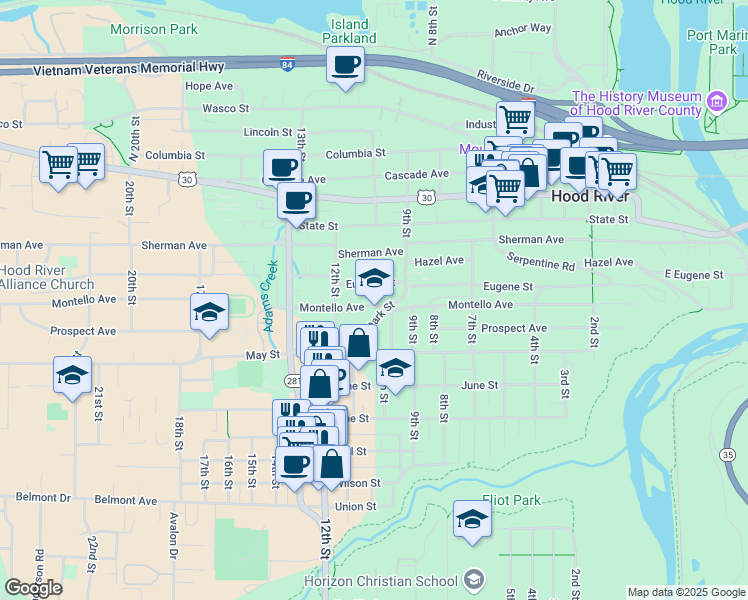 map of restaurants, bars, coffee shops, grocery stores, and more near 1011 Eugene Street in Hood River