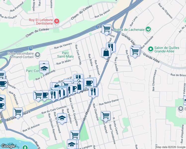 map of restaurants, bars, coffee shops, grocery stores, and more near 1100 Rue Brière in Terrebonne