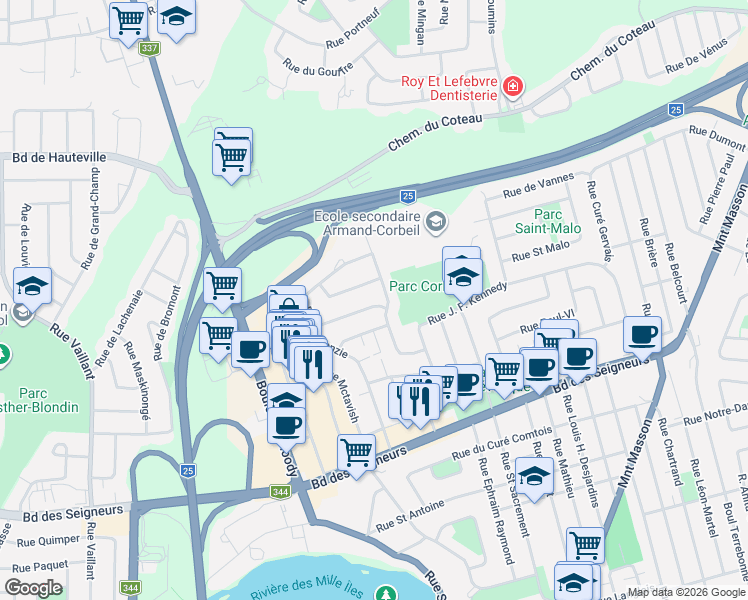 map of restaurants, bars, coffee shops, grocery stores, and more near 955 Rue des Pruniers in Terrebonne