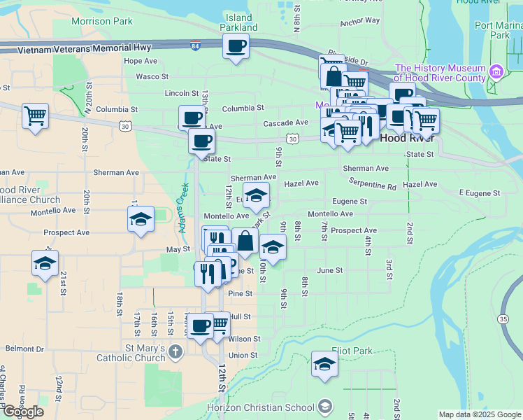 map of restaurants, bars, coffee shops, grocery stores, and more near in Hood River