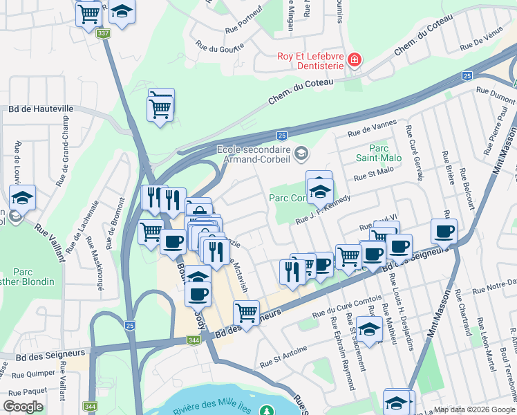 map of restaurants, bars, coffee shops, grocery stores, and more near 955 Rue des Pruniers in Terrebonne
