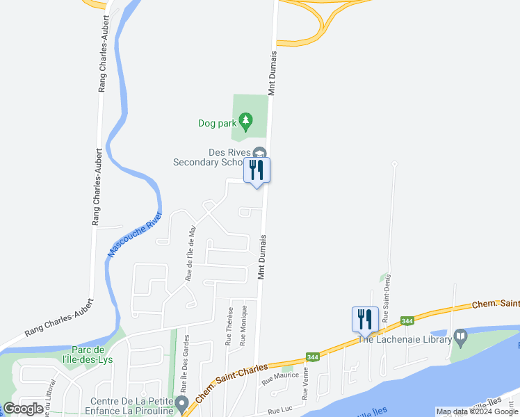 map of restaurants, bars, coffee shops, grocery stores, and more near 102 Croissant de l'Ile Boily in Terrebonne