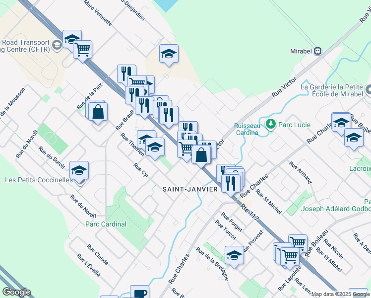 map of restaurants, bars, coffee shops, grocery stores, and more near Rue Labelle in Mirabel