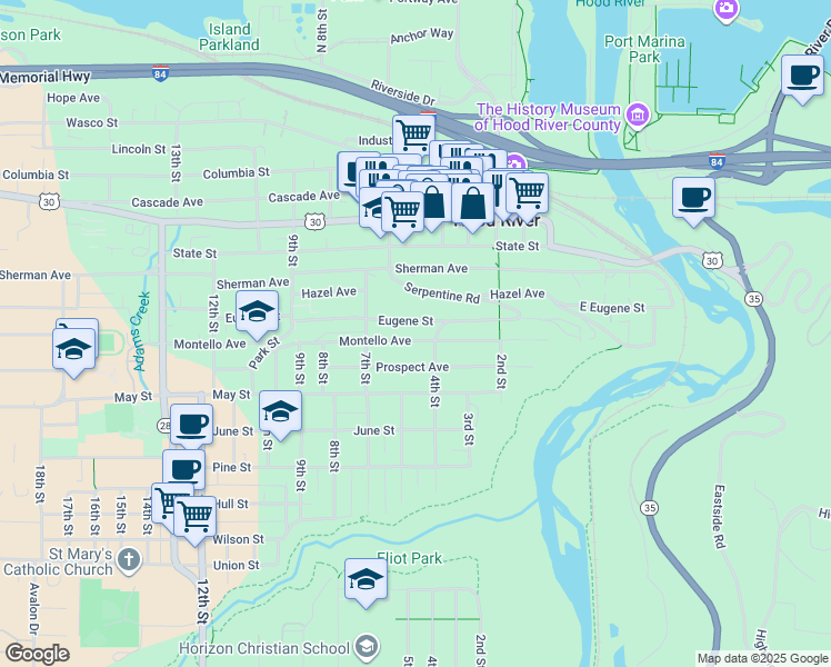 map of restaurants, bars, coffee shops, grocery stores, and more near 404 Eugene Street in Hood River
