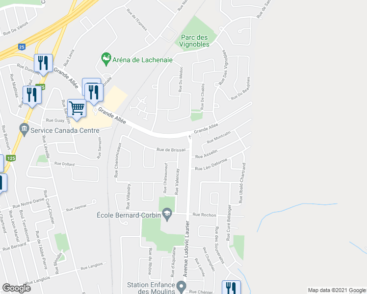 map of restaurants, bars, coffee shops, grocery stores, and more near 704 Rue de Brissac in Terrebonne