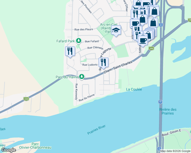 map of restaurants, bars, coffee shops, grocery stores, and more near 4317 Chemin Saint-Charles in Terrebonne