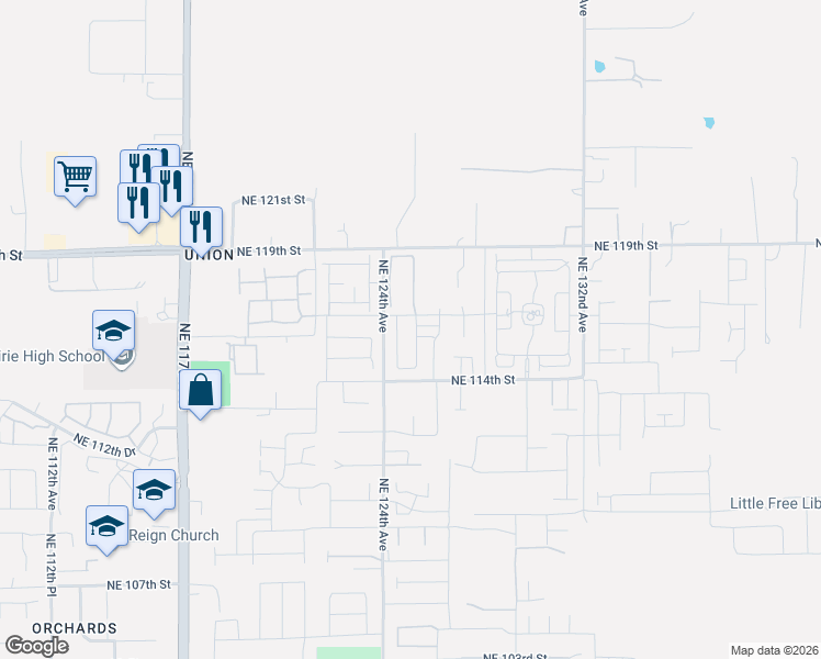 map of restaurants, bars, coffee shops, grocery stores, and more near 11540 Northeast 126th Avenue in Vancouver