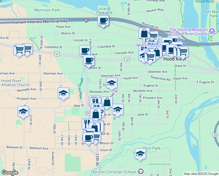 map of restaurants, bars, coffee shops, grocery stores, and more near 1011 Eugene Street in Hood River