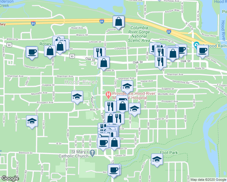 map of restaurants, bars, coffee shops, grocery stores, and more near 606 12th Street in Hood River