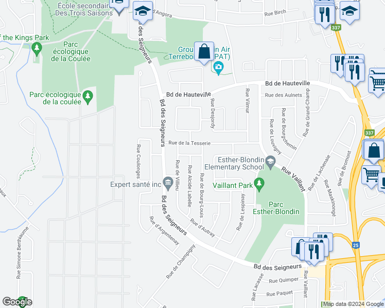 map of restaurants, bars, coffee shops, grocery stores, and more near 4191 Rue de Peiras in Terrebonne