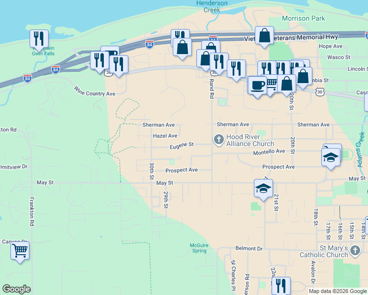 map of restaurants, bars, coffee shops, grocery stores, and more near 2843 Eugene Street in Hood River