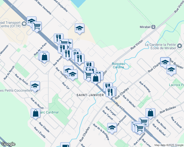 map of restaurants, bars, coffee shops, grocery stores, and more near Rue Janvier in Mirabel