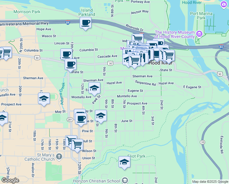 map of restaurants, bars, coffee shops, grocery stores, and more near 516a Eugene Street in Hood River