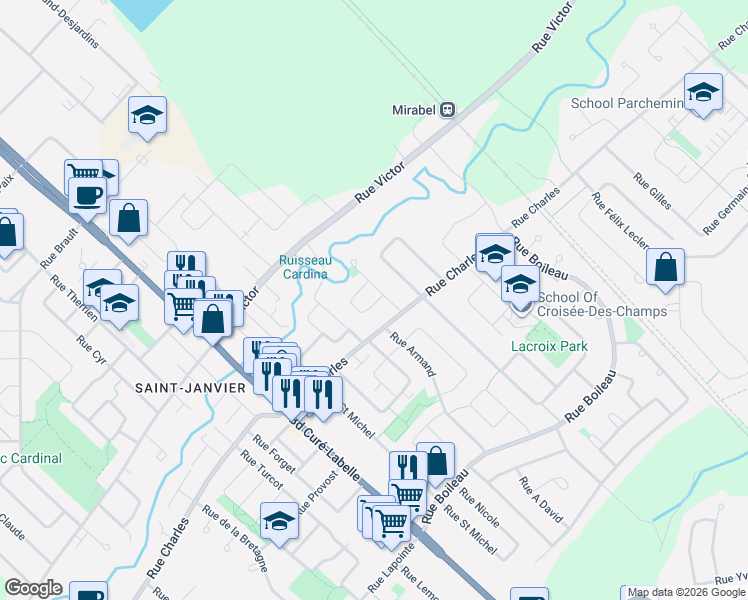 map of restaurants, bars, coffee shops, grocery stores, and more near 18215 Croissant Damase Léonard in Mirabel