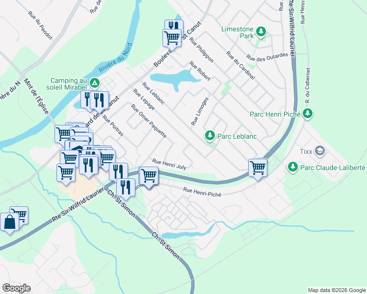 map of restaurants, bars, coffee shops, grocery stores, and more near 13275 Rue Henri Joly in Mirabel