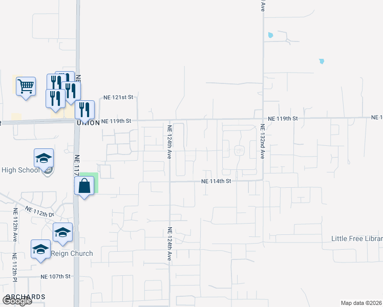 map of restaurants, bars, coffee shops, grocery stores, and more near 11607 Northeast 126th Avenue in Vancouver