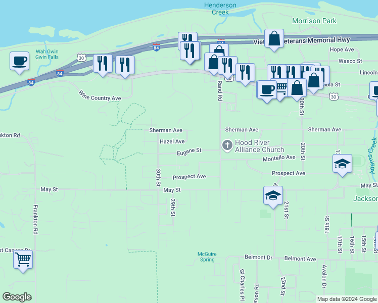 map of restaurants, bars, coffee shops, grocery stores, and more near 2865 Hazel Avenue in Hood River