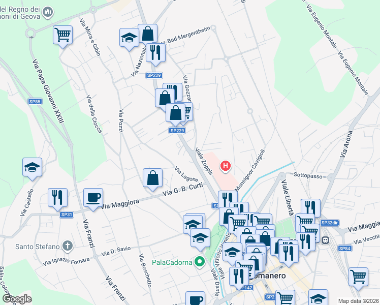 map of restaurants, bars, coffee shops, grocery stores, and more near 22 Viale Zoppis in Borgomanero