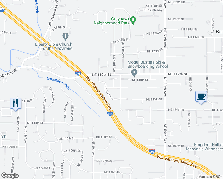 map of restaurants, bars, coffee shops, grocery stores, and more near 4113 Northeast 117th Street in Vancouver