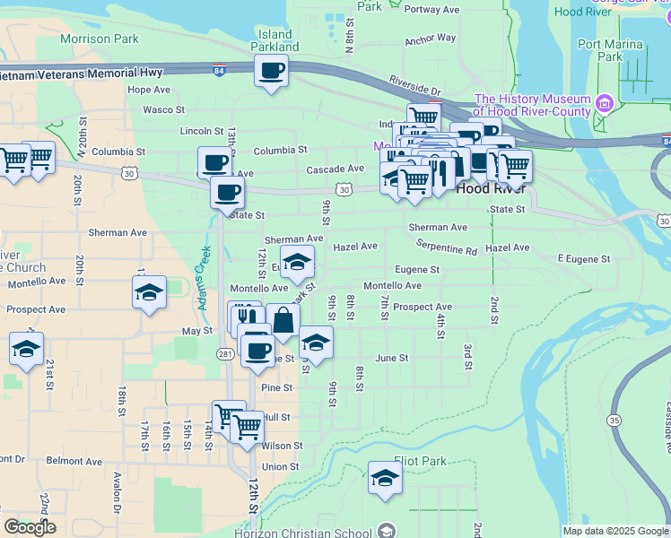 map of restaurants, bars, coffee shops, grocery stores, and more near 870 Eugene Street in Hood River