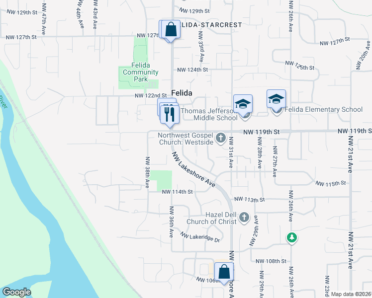 map of restaurants, bars, coffee shops, grocery stores, and more near 11710 Northwest 35th Avenue in Vancouver