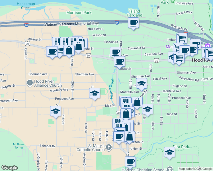 map of restaurants, bars, coffee shops, grocery stores, and more near 1422 Eugene Street in Hood River