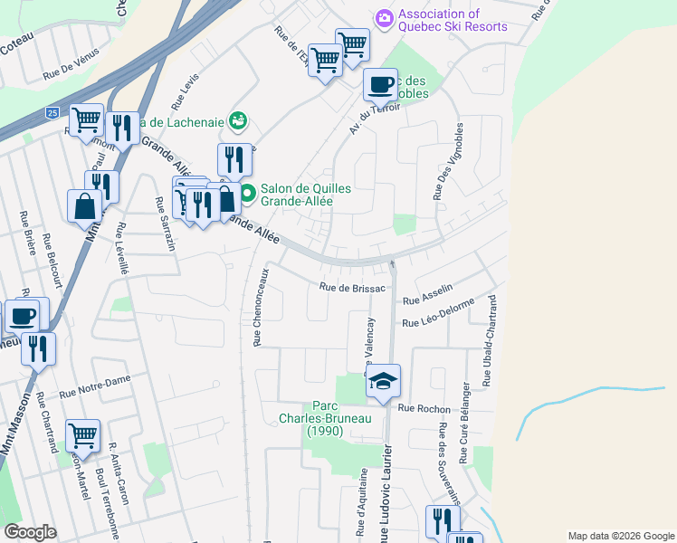map of restaurants, bars, coffee shops, grocery stores, and more near 1579 Grande Allée in Terrebonne