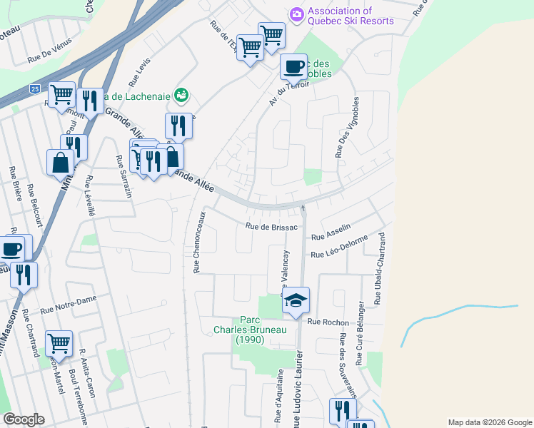map of restaurants, bars, coffee shops, grocery stores, and more near 1593 Grande Allée in Terrebonne