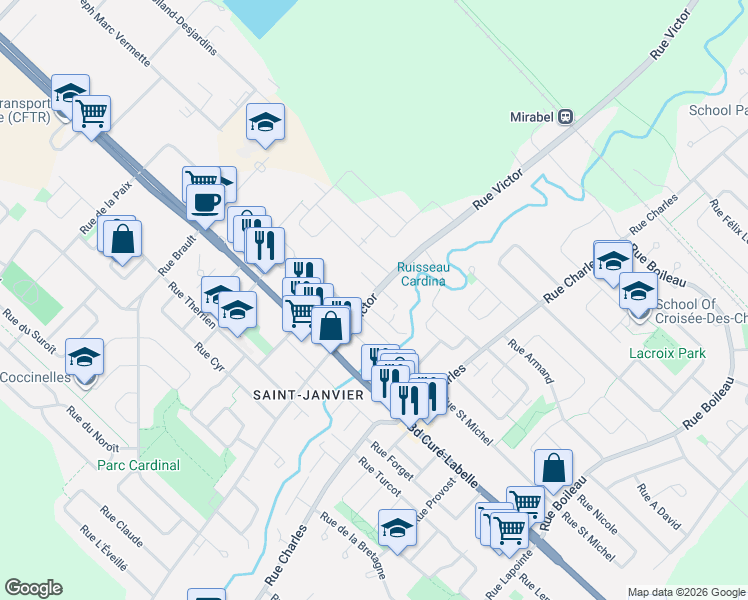 map of restaurants, bars, coffee shops, grocery stores, and more near 17970 Rue Victor in Mirabel