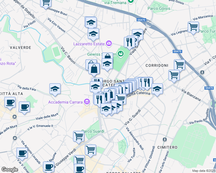 map of restaurants, bars, coffee shops, grocery stores, and more near in Bergamo