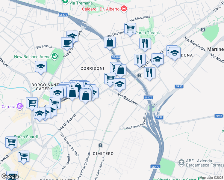 map of restaurants, bars, coffee shops, grocery stores, and more near 26 Via Filippo Corridoni in Bergamo