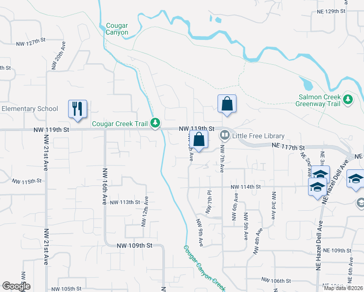 map of restaurants, bars, coffee shops, grocery stores, and more near 11702 Northwest 11th Court in Vancouver