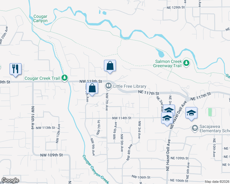 map of restaurants, bars, coffee shops, grocery stores, and more near 520 Northwest 117th Street in Vancouver