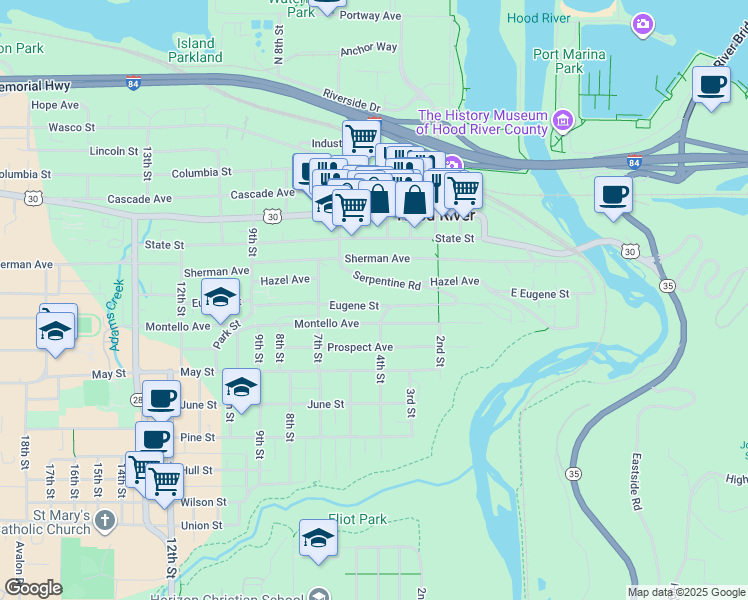 map of restaurants, bars, coffee shops, grocery stores, and more near 404 Eugene Street in Hood River