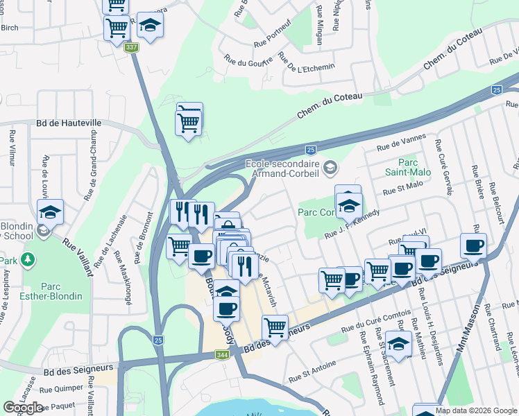 map of restaurants, bars, coffee shops, grocery stores, and more near 1028 Rue des Bouleaux in Terrebonne