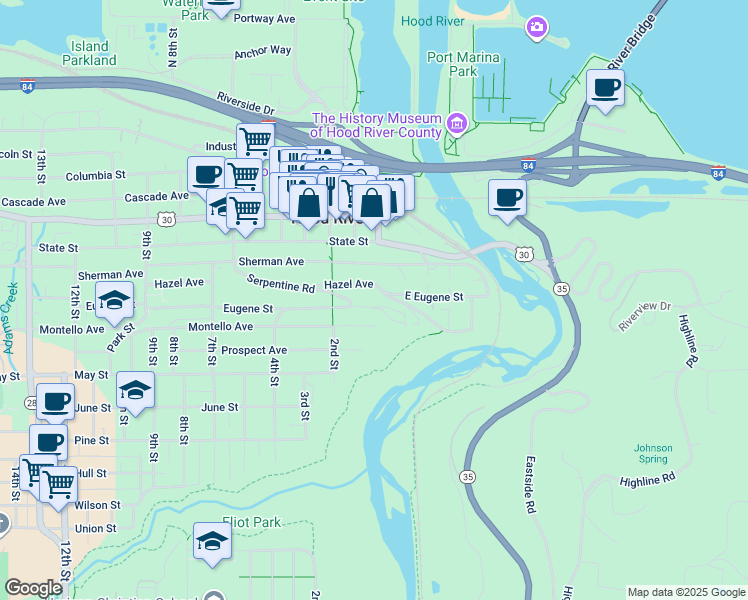 map of restaurants, bars, coffee shops, grocery stores, and more near 10 Eugene Street in Hood River