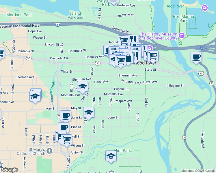 map of restaurants, bars, coffee shops, grocery stores, and more near 516a Eugene Street in Hood River