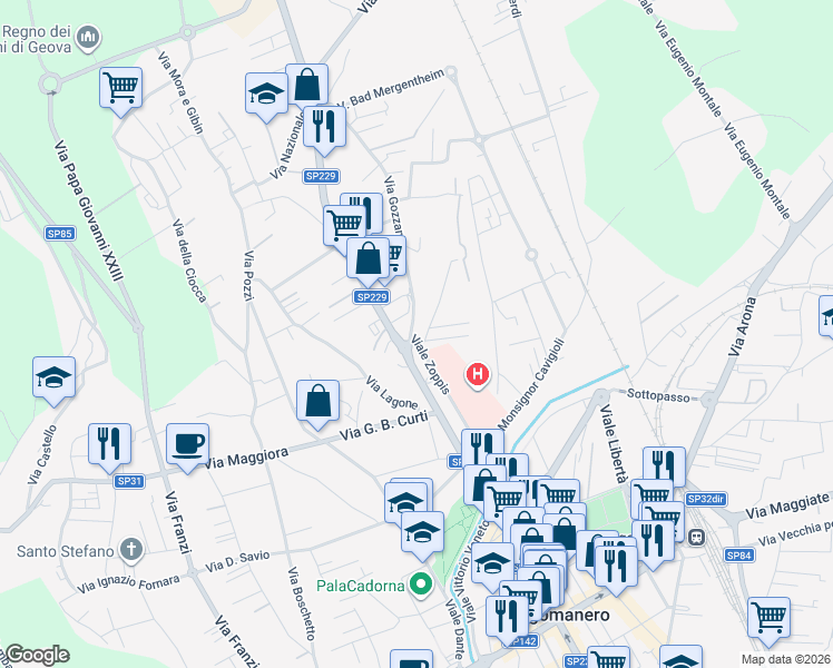 map of restaurants, bars, coffee shops, grocery stores, and more near 22 Viale Zoppis in Borgomanero