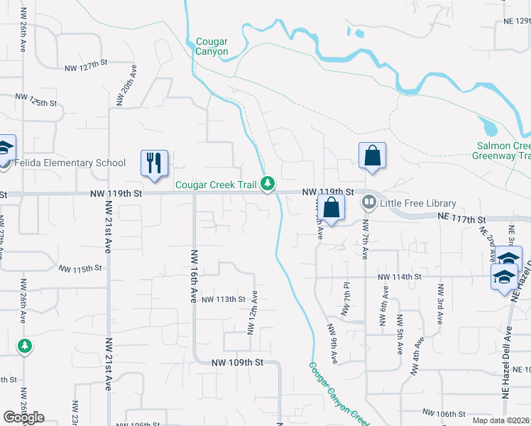 map of restaurants, bars, coffee shops, grocery stores, and more near 1202 Northwest 118th Circle in Vancouver
