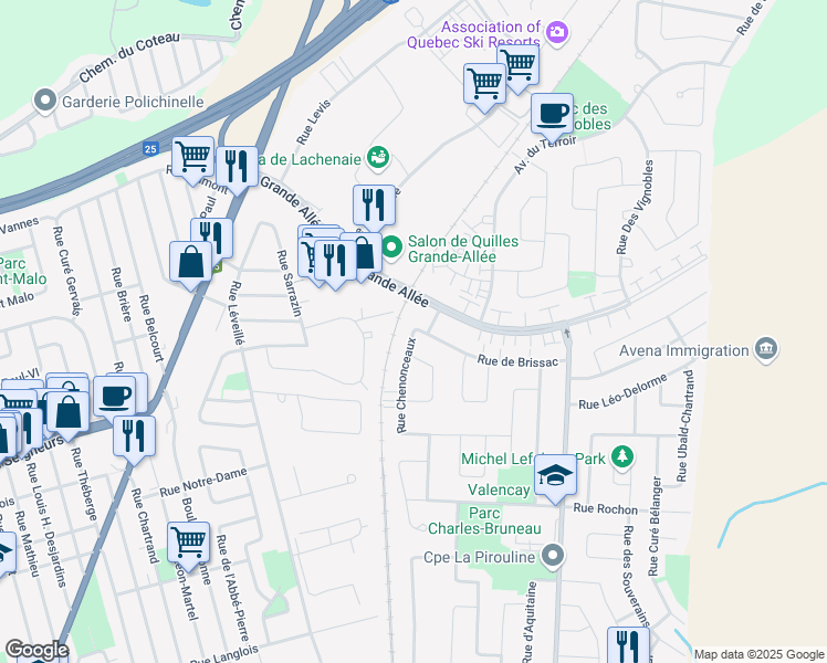 map of restaurants, bars, coffee shops, grocery stores, and more near 1200 Rue de Brissac in Terrebonne