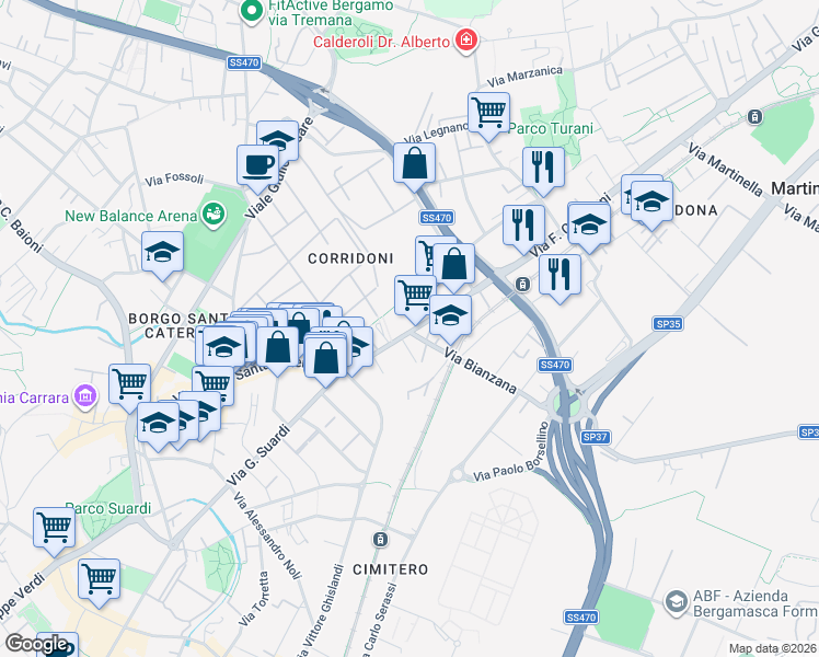 map of restaurants, bars, coffee shops, grocery stores, and more near 26 Via F. Corridoni in Bergamo