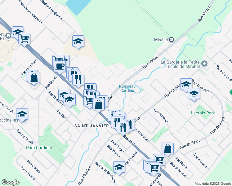 map of restaurants, bars, coffee shops, grocery stores, and more near 17990 Rue Victor in Mirabel