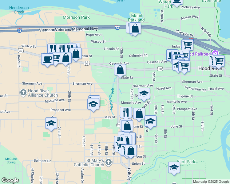 map of restaurants, bars, coffee shops, grocery stores, and more near 430 13th Street in Hood River