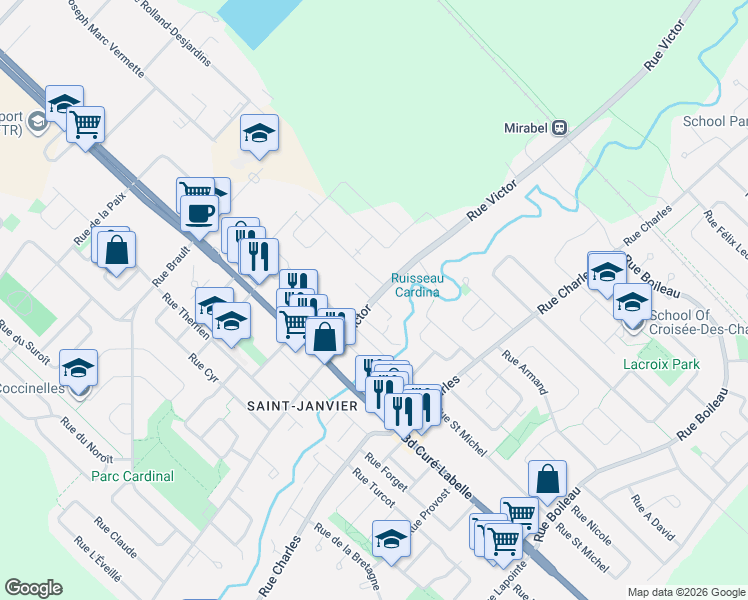 map of restaurants, bars, coffee shops, grocery stores, and more near 17990 Rue Victor in Mirabel